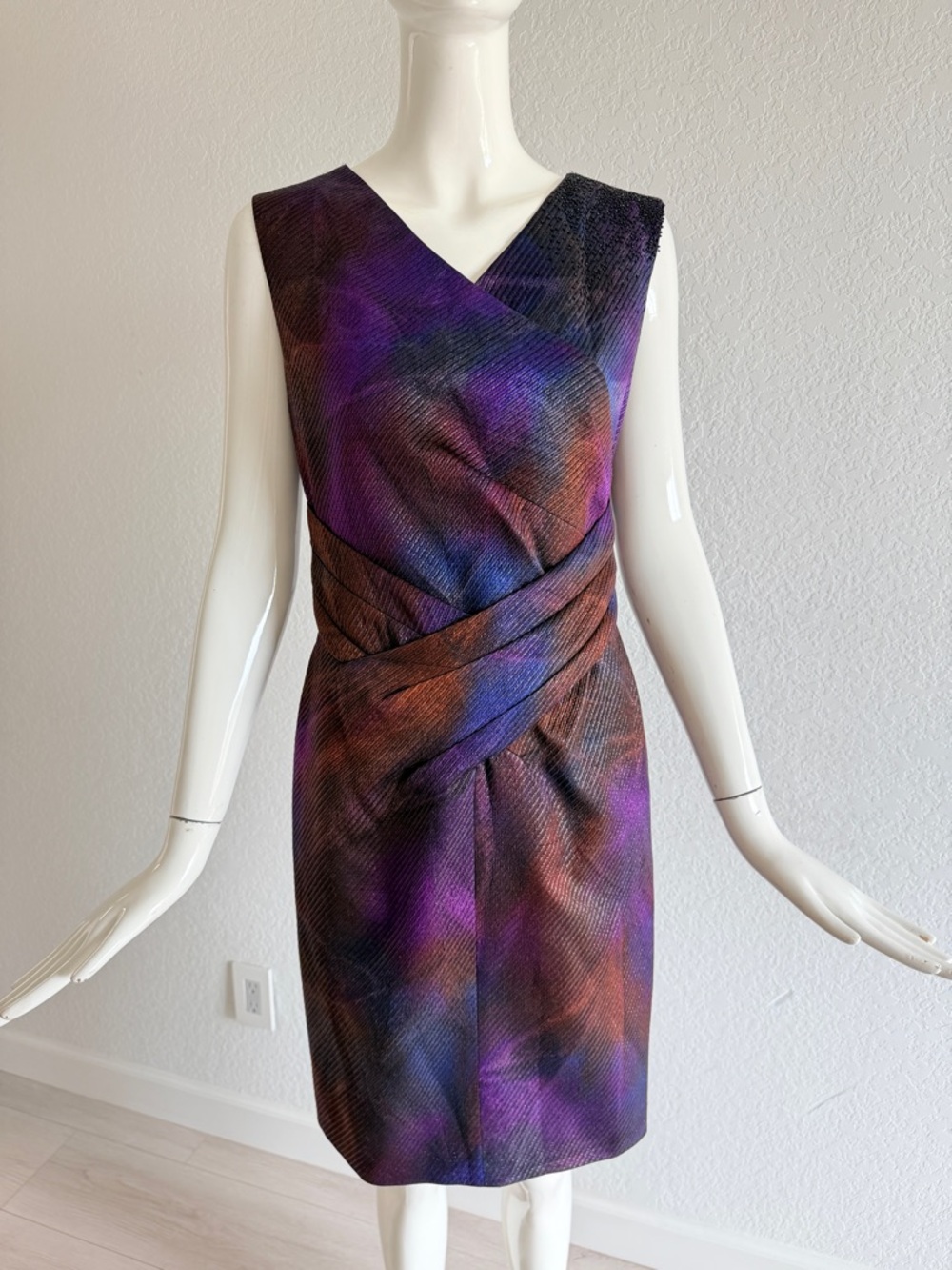 Sleeveless Purple & Orange Wrap Sheath Dress